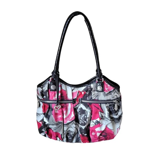 Brighton Floral Madison Shoulder Purse Hobo Black Red Pink Gray Nylon - Picture 5 of 11